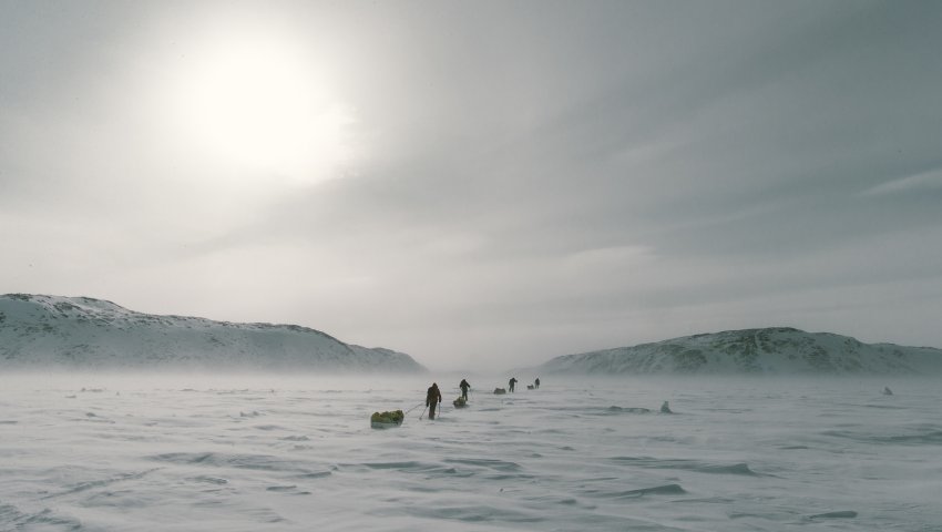 Un groupe de personnes avance en tirant des traîneaux sur la neige glacée