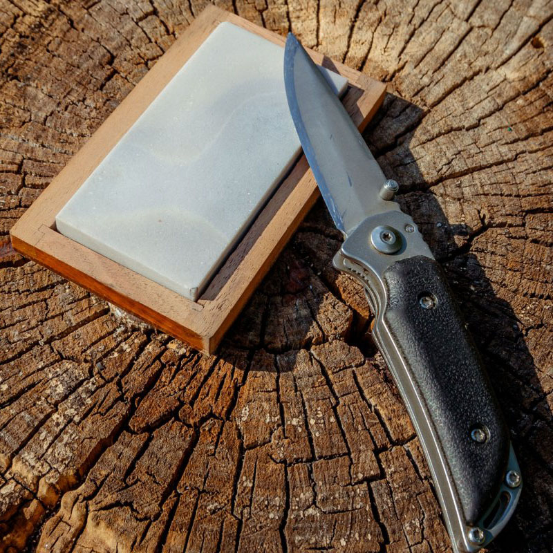 Un couteau de poche posé sur une pierre à aiguiser sur une souche d'arbre.