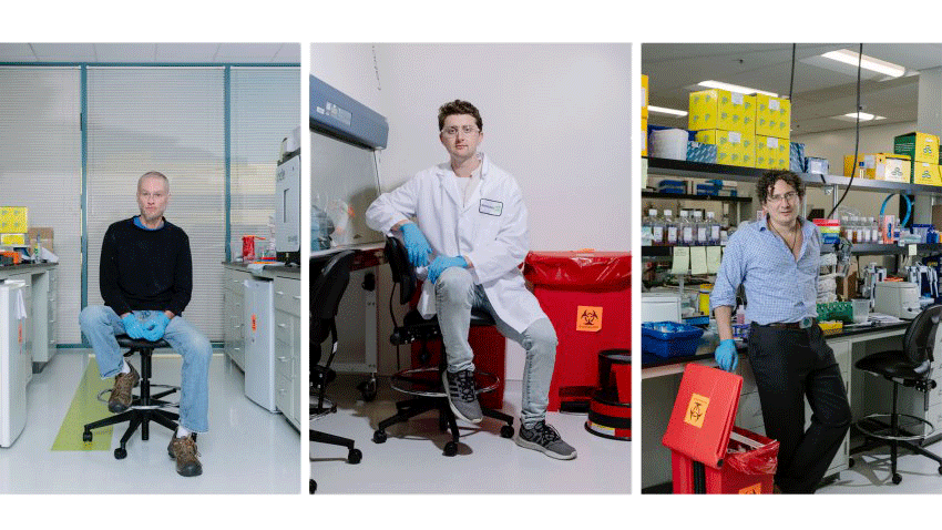 Tim Friede, le scientifique Ray Newland, et Jacob Glanville dans les bureaux de Distributed Bio à San Francisco.