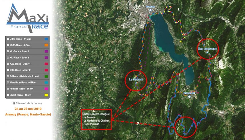 Carte des parcours de la Maxi-Race avec les zones enneigées