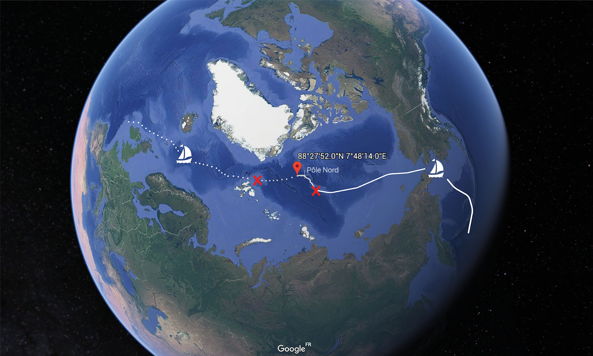 La route de l'expédition Pole to Pole (Google Earth)