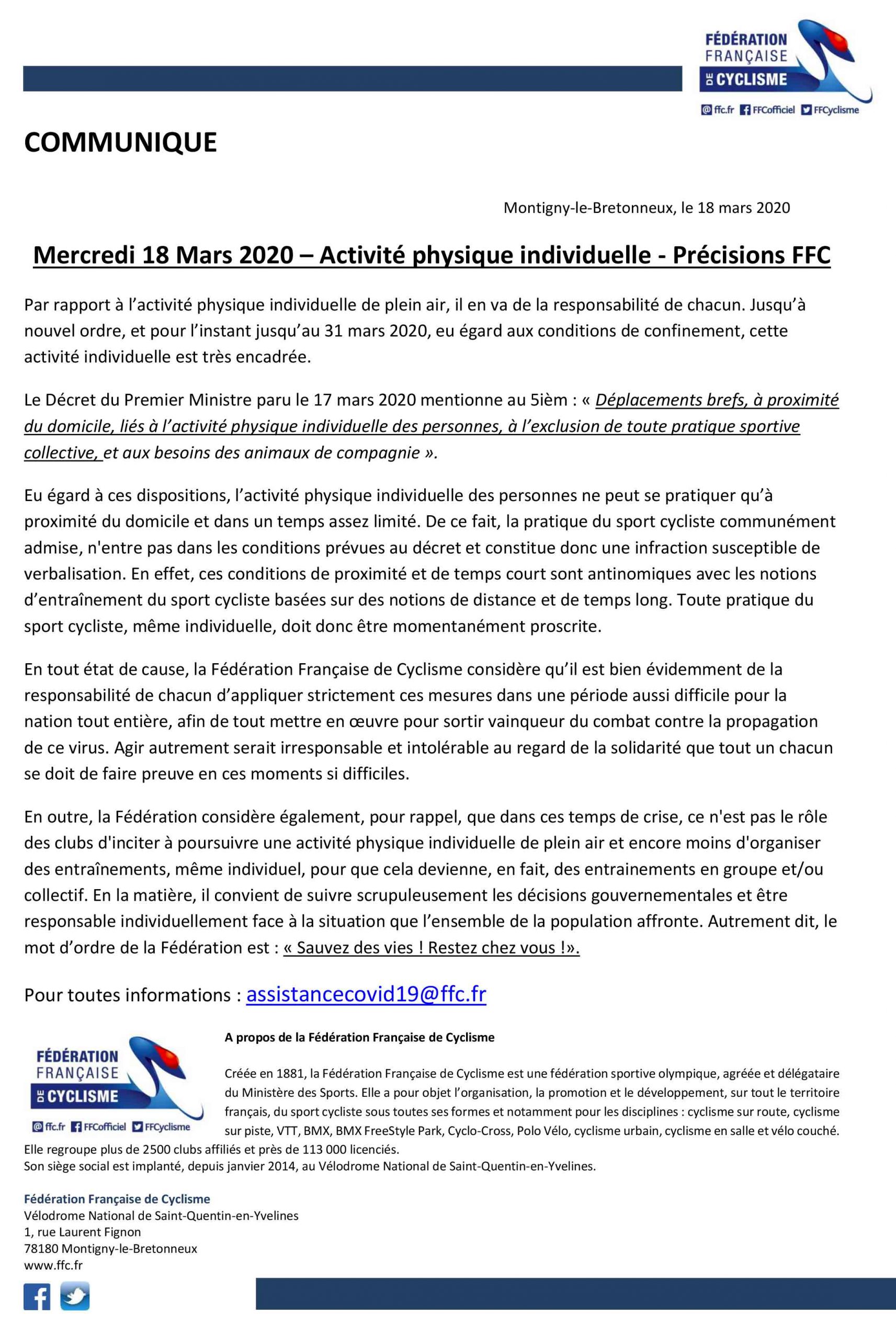 Coronavirus : communiqué de presse de la Fédération Française de Cyclisme