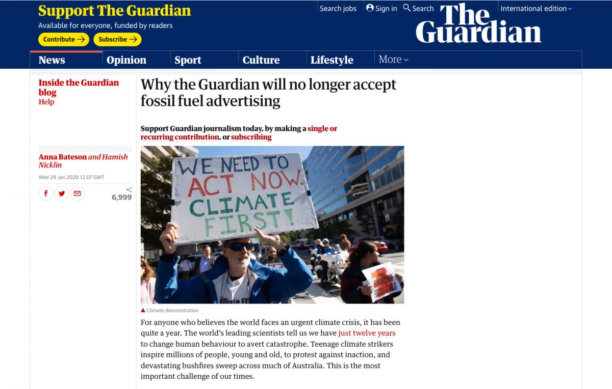 The Guardian n'accepte plus de revenus publicitaires issues de l'énergie fossile