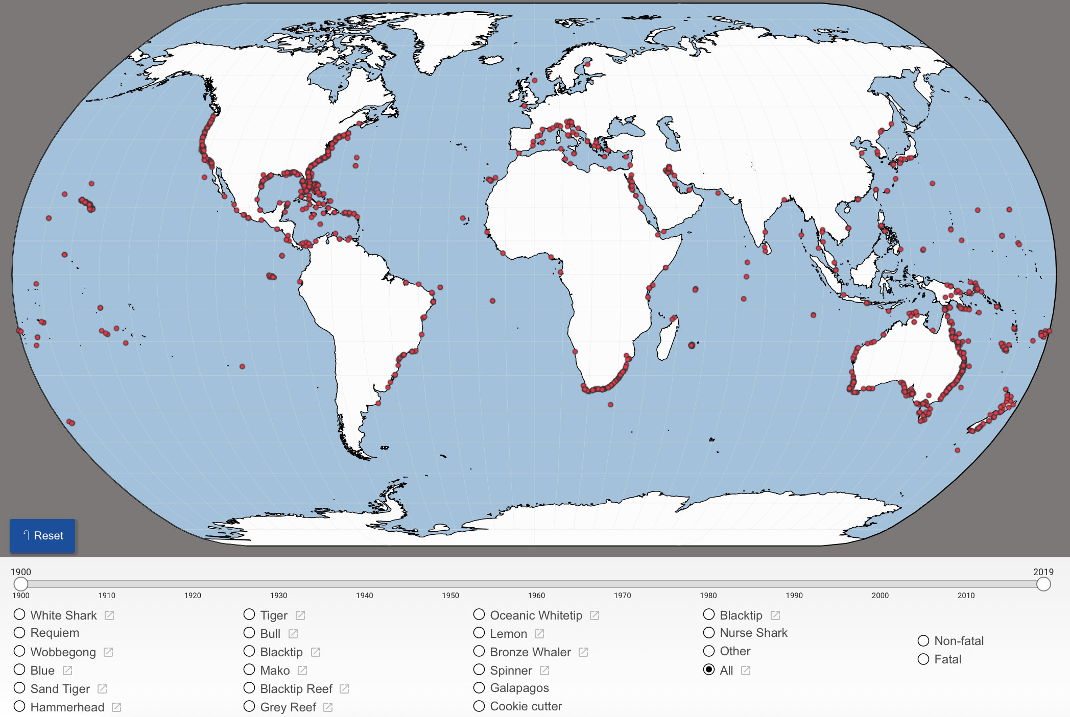 Carte mondiale des attaques de requins
