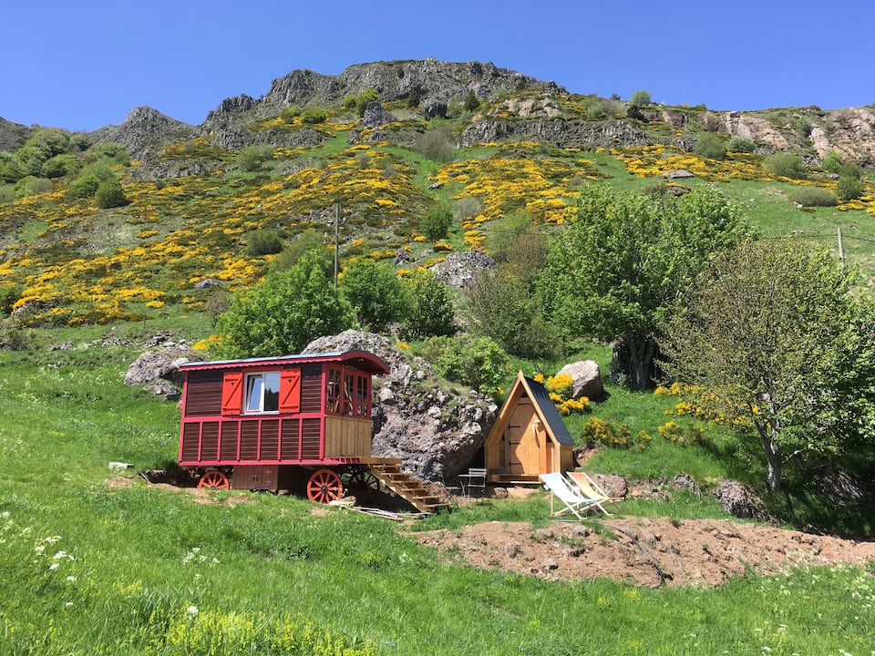 Roulotte en bois dans un écrin de nature