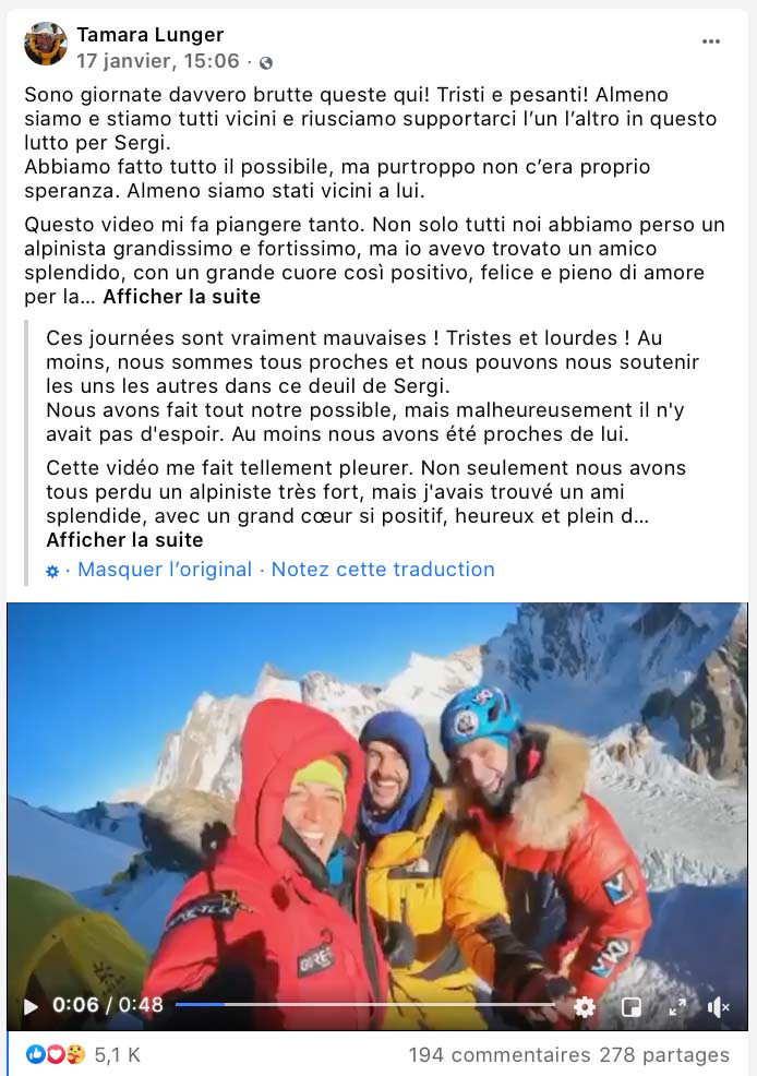 Post Facebook Tamara Lunger