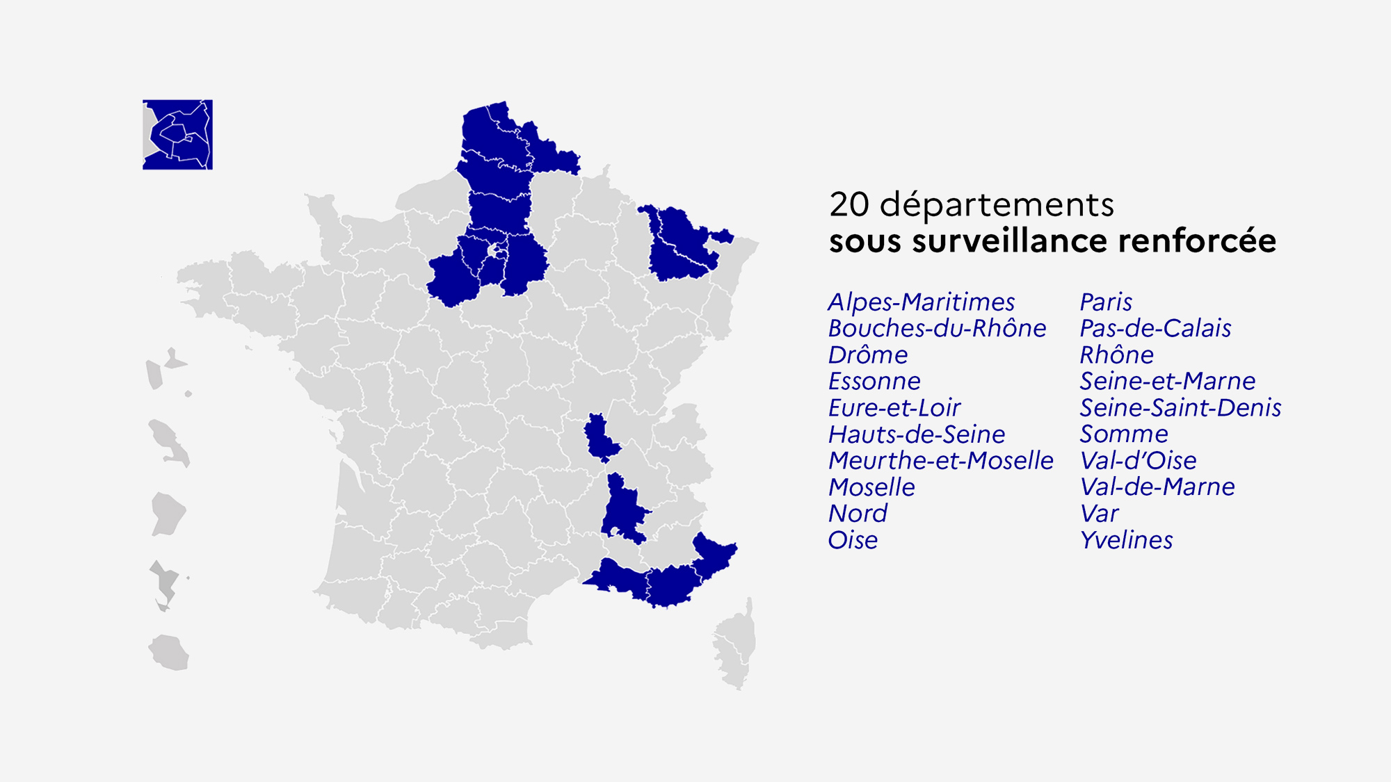 Carte des 20 départements sous surveillance