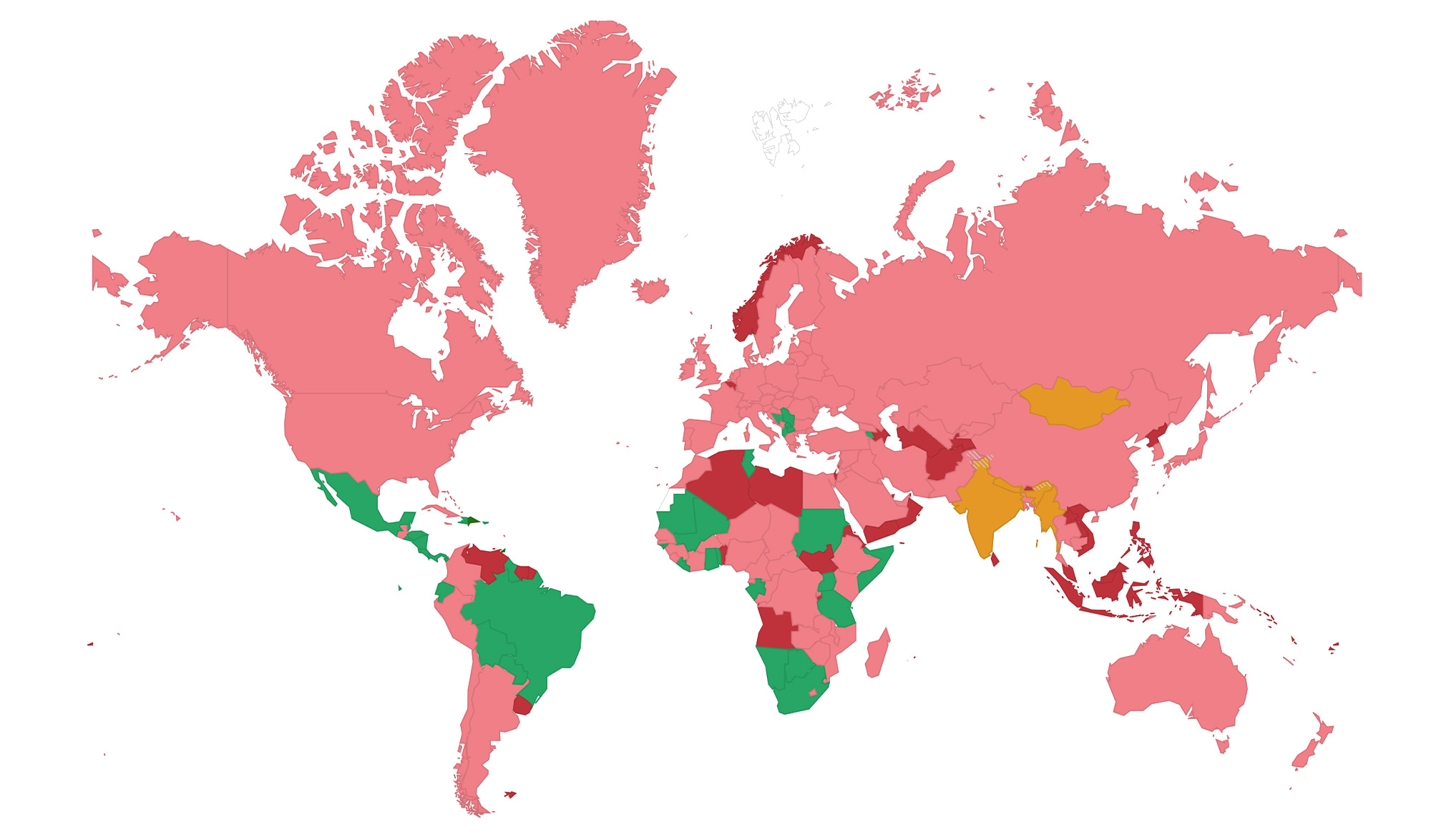 carte des pays ayant mis en place des restrictions de voyage pour les vols entrants