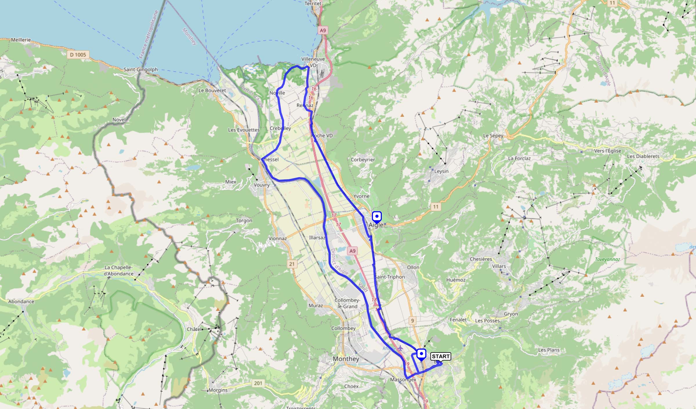 trace gpx Bex-Aigle-Villeneuve-Illarsaz-Bex