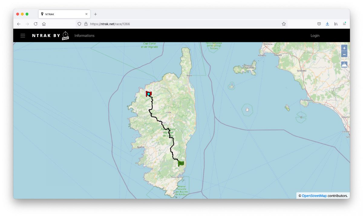 Carte du tracé de le tentative de record du GR20 Lambert Sanguinetti