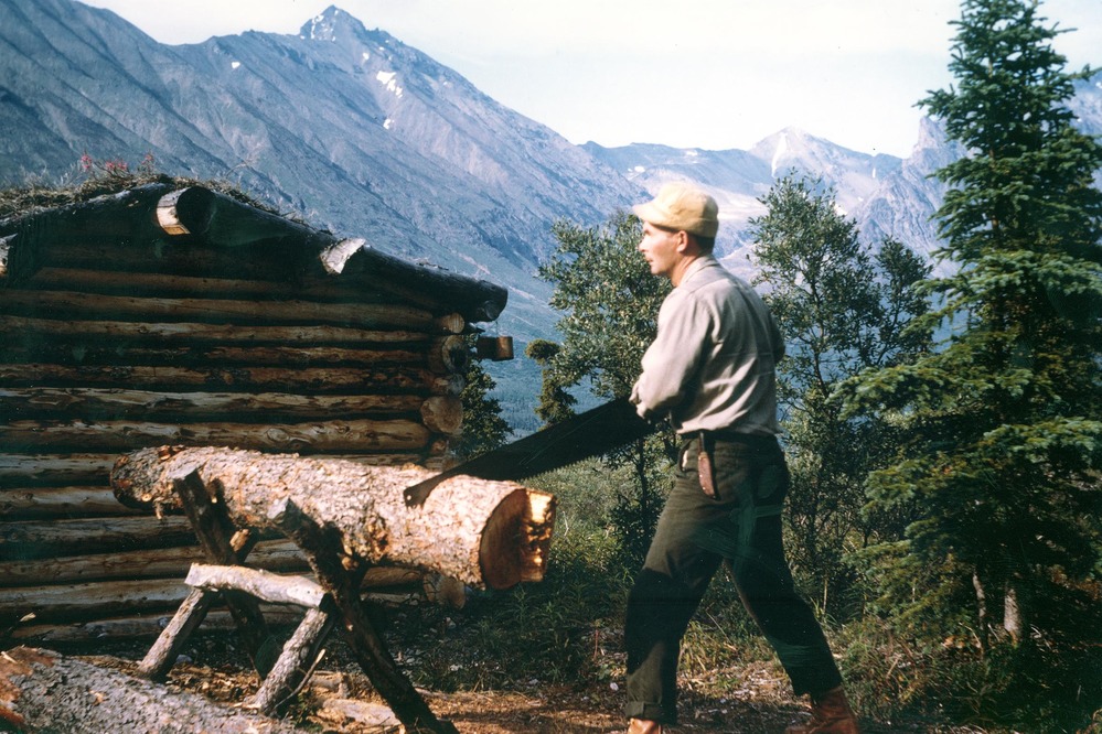 Dick Proenneke sciant un rondin