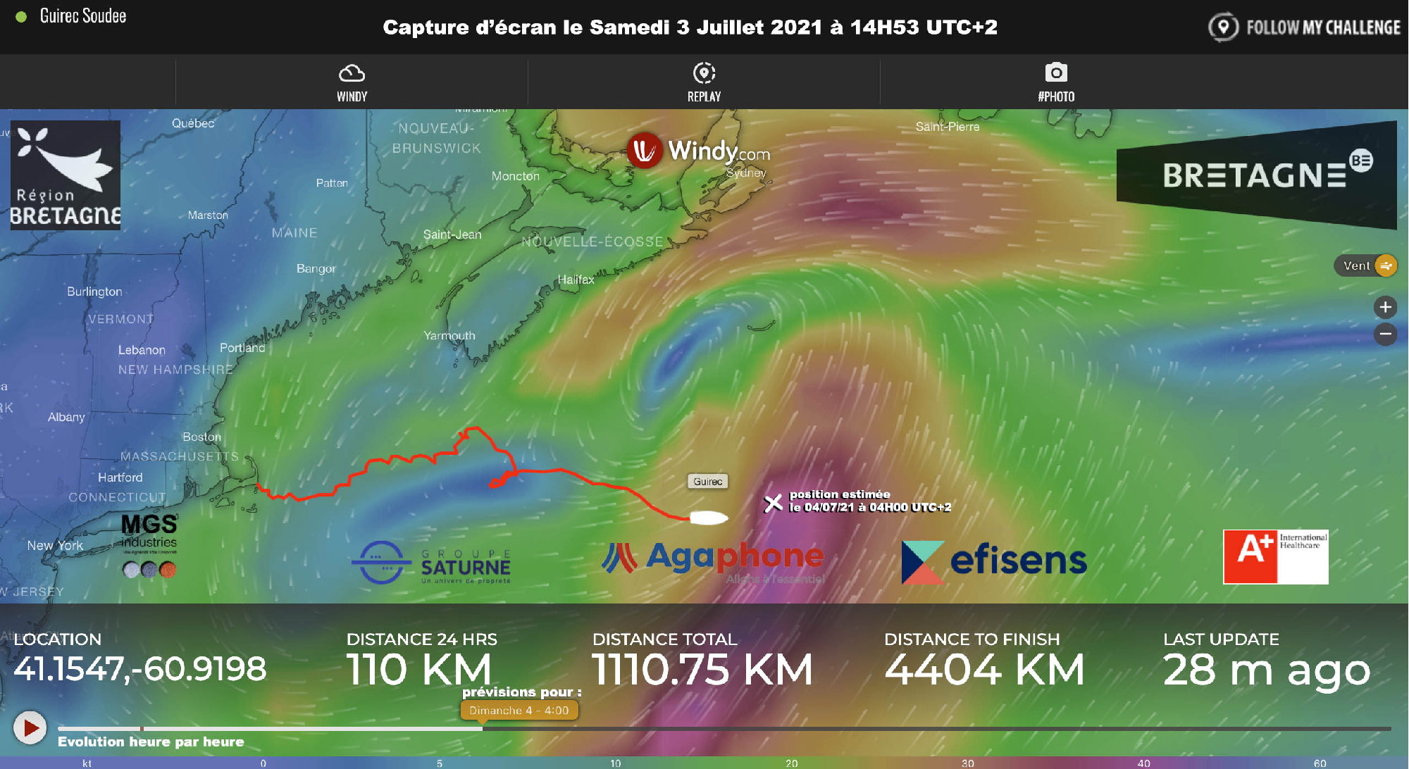 Dernière position de Guirec Soudé sur la Carte météo Atlantique Nord