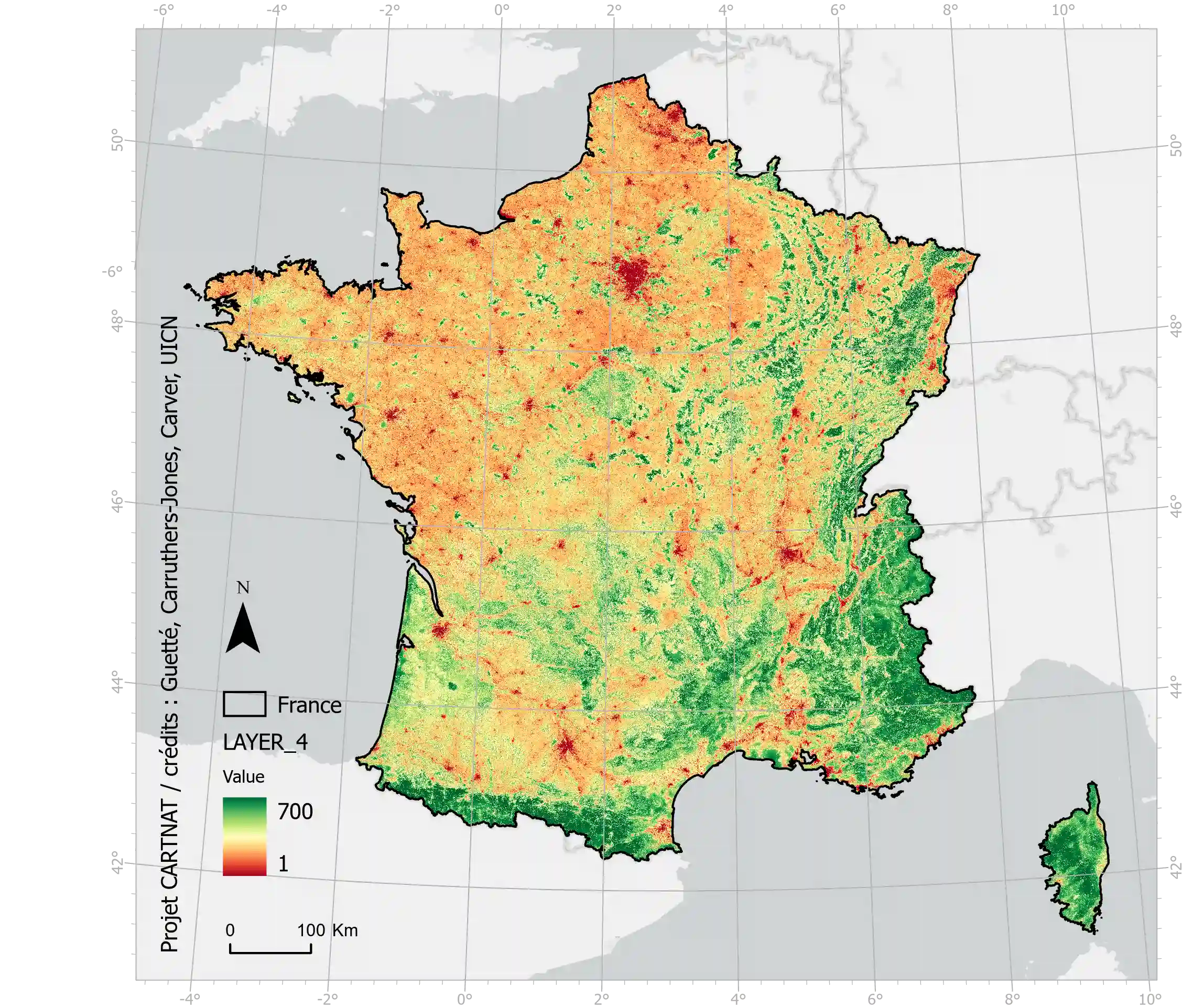 Carte du gradient de naturalité potentielle de France métropolitaine, produite par agrégation des cartes d’intégrité biophysique de l’occupation du sol, d’influence anthropique et de continuités spatiales, avec une pondération égale.