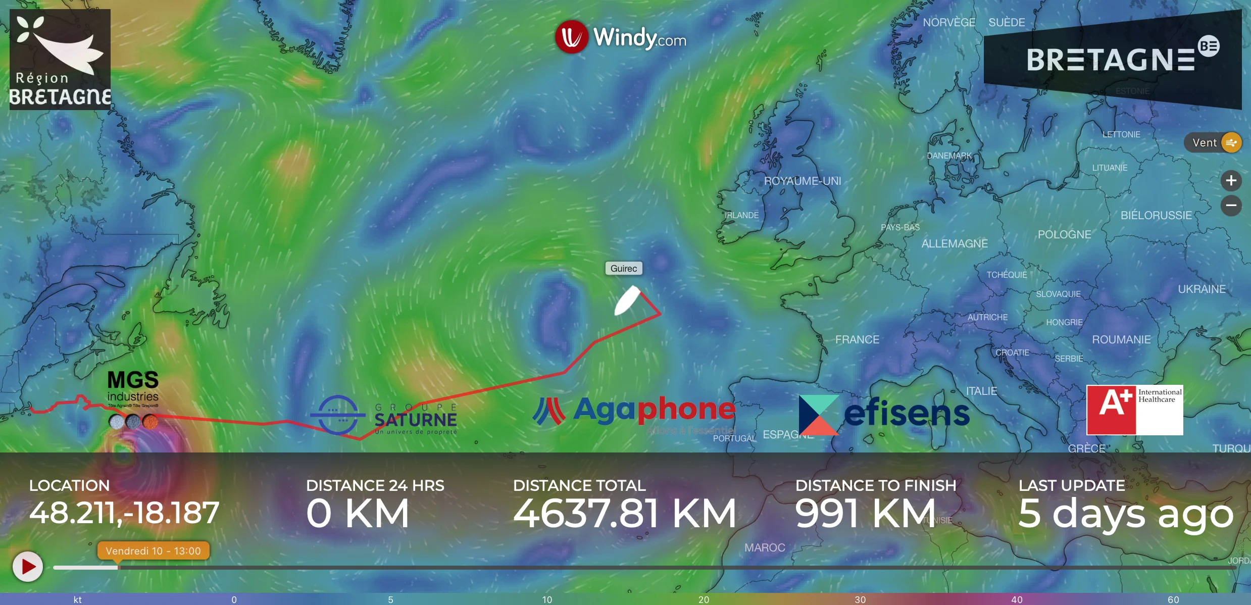 Poisition GPS Guirec Soudée traversée de l'Atlantique à la rame