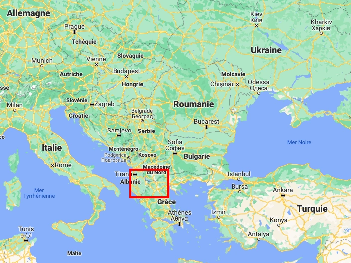 Google Map montrant la region traversée pour l'expedition à savoir l'Albanie et la Grèce