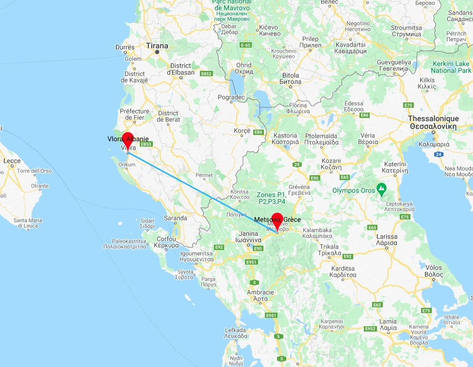 Google Map montrant en détail le parcours de l'expedition sur la Vjosa en Albanie et en Grèce
