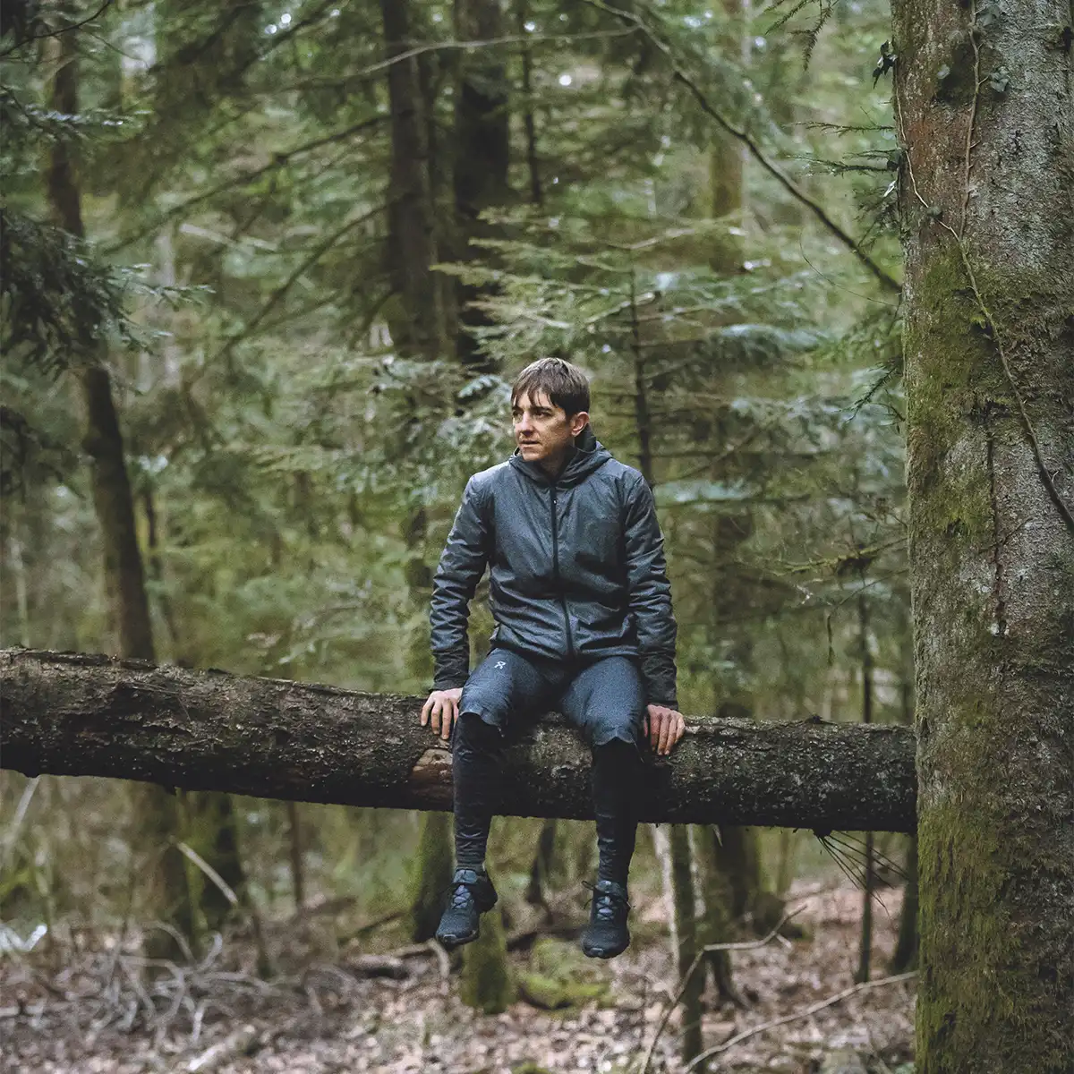 Xavier Thevenard assis en forêt sur un arbre