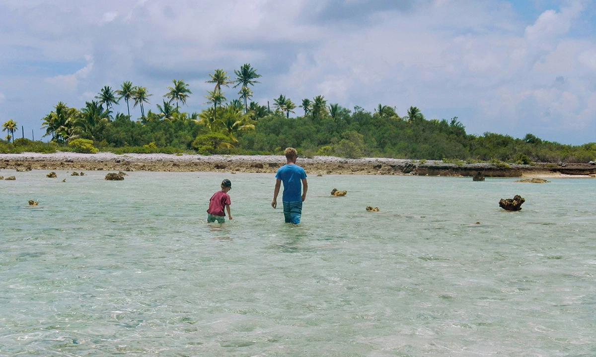 une homme et un enfant marchant dans l'eau sur une plage paradisiaque