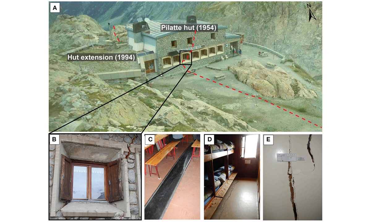 Dégâts de la cabane de la Pilatte avec les principales fissures représentées