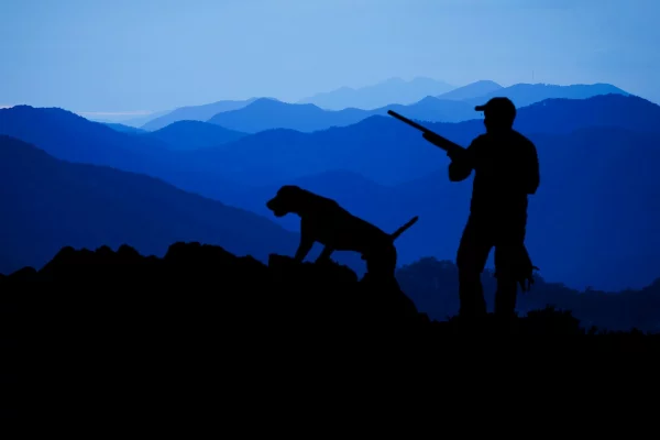 silhouette d'un chasseur et son chien en montagne