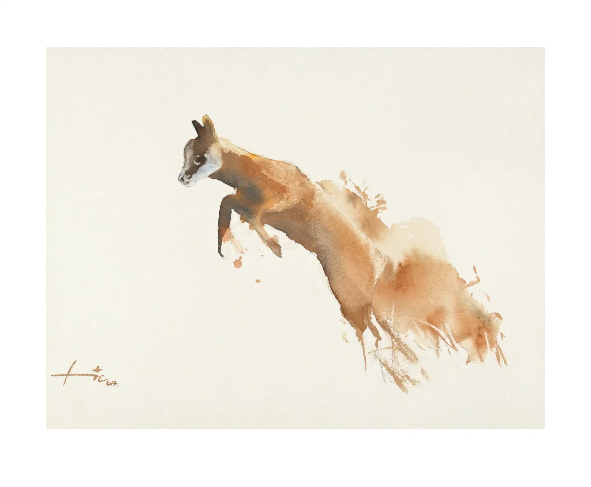 Alpes Calligraphies sauvages - Le bond du petit chamois, 2018, aquarelle sur papier Arches