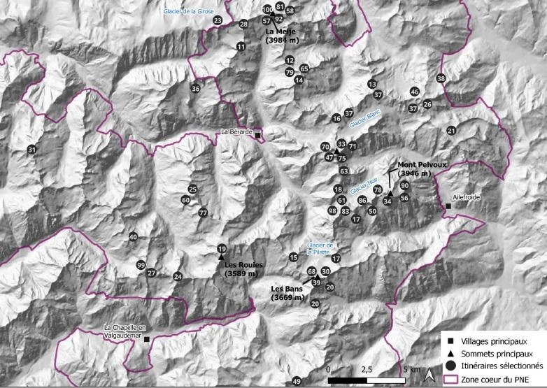 Les 70 itinéraires étudiés dans le massif des Écrins