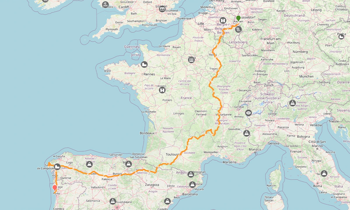 carte les chemins de Compostelle