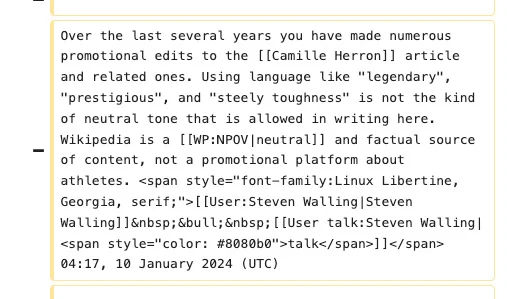 La réponse de Wikipédia suite aux modifications apportées par Temporun73 sur la biographie de Camille Herron. (