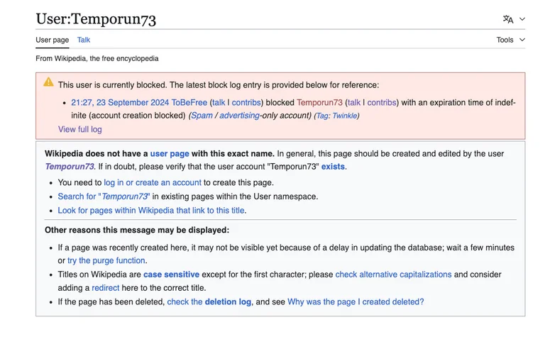 Wikipedia avait suspendu Temporun73 au début de l'année.