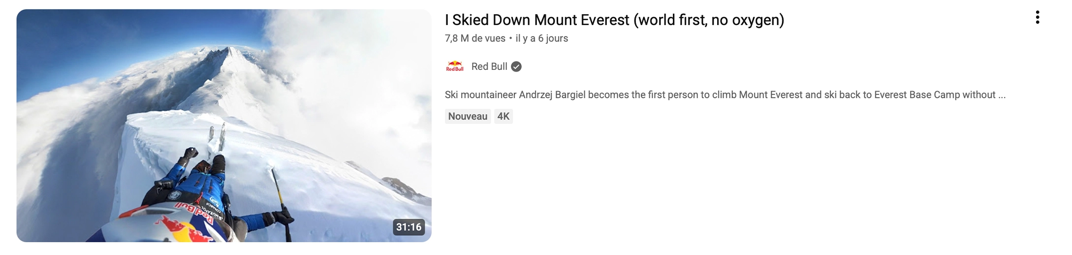 Vignette Youtube "I ski down Mount Everest"