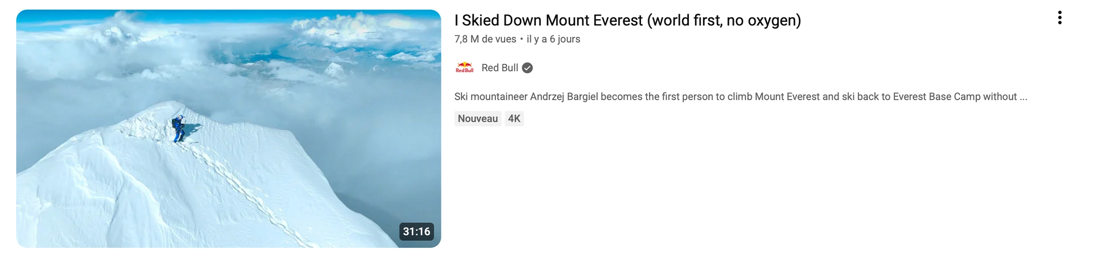 Vignette Youtube "I ski down Mount Everest"