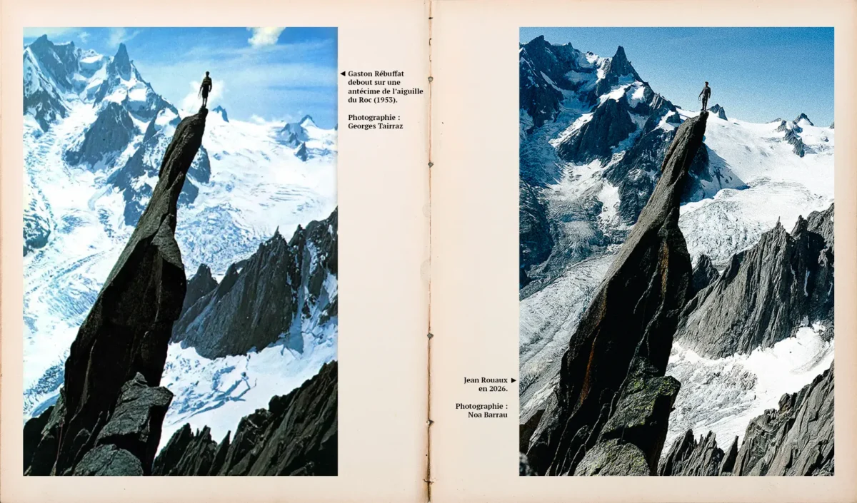 À gauche, Gaston Rébuffat debout sur une antécime de l’aiguille du Roc (1953). À droite, ean Rouaux en 2026.