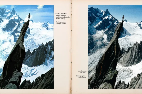 À gauche, Gaston Rébuffat debout sur une antécime de l’aiguille du Roc (1953). À droite, ean Rouaux en 2026.