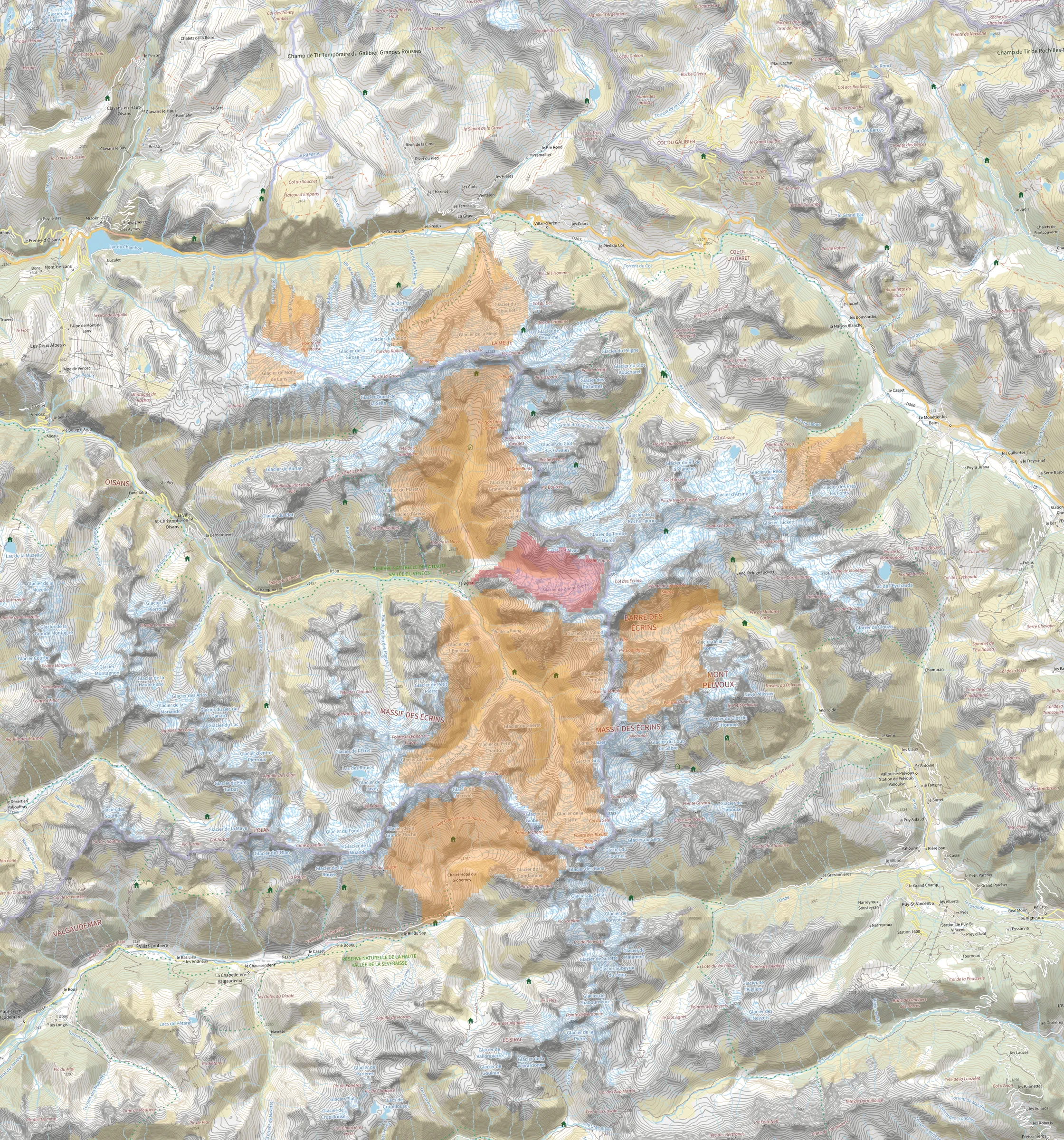 Écrins — Carte des bassins versants de sensibilité moyenne et forte aux risques glaciaires et périglaciaires dans le massif des Écrins, dont Bonne Pierre au-dessus de La Bérarde.