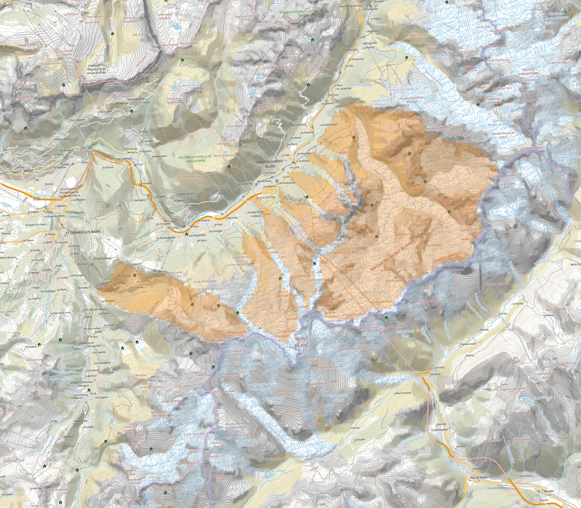 Mont-Blanc — Carte des bassins versants de sensibilité moyenne aux risques glaciaires et périglaciaires autour de Chamonix et de Bionnassay.