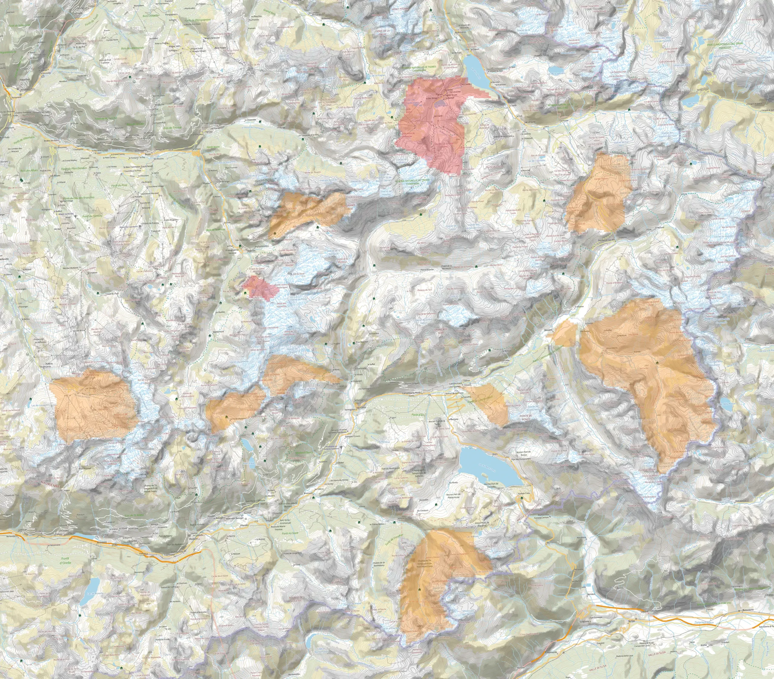 Vanoise — Carte des bassins versants de sensibilité moyenne et forte aux risques glaciaires et périglaciaires en Vanoise et en Haute Maurienne.